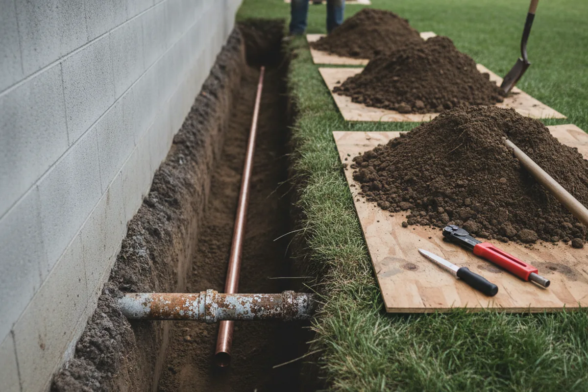 Excavated water line trench during Water Softener Installation in Lost Creek